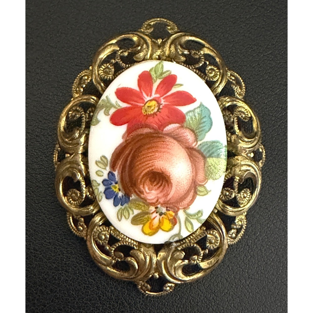 Vintage Floral Brooch Victorian Revival Porcelain Western Germany